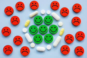 Happy smileys, pills and sad smileys. Psychostimulants, Anti-anxiety medications and antidepressants.