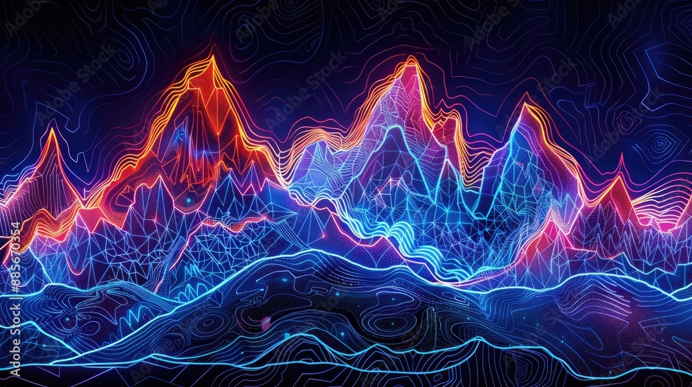 Wall mural a striking neon line artwork of an abstract mountain range with glowing peaks and intricate patterns
