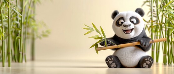 Fototapeta premium Cute animated panda sitting among bamboo plants, happily holding bamboo stalk, minimal background with soft lighting.