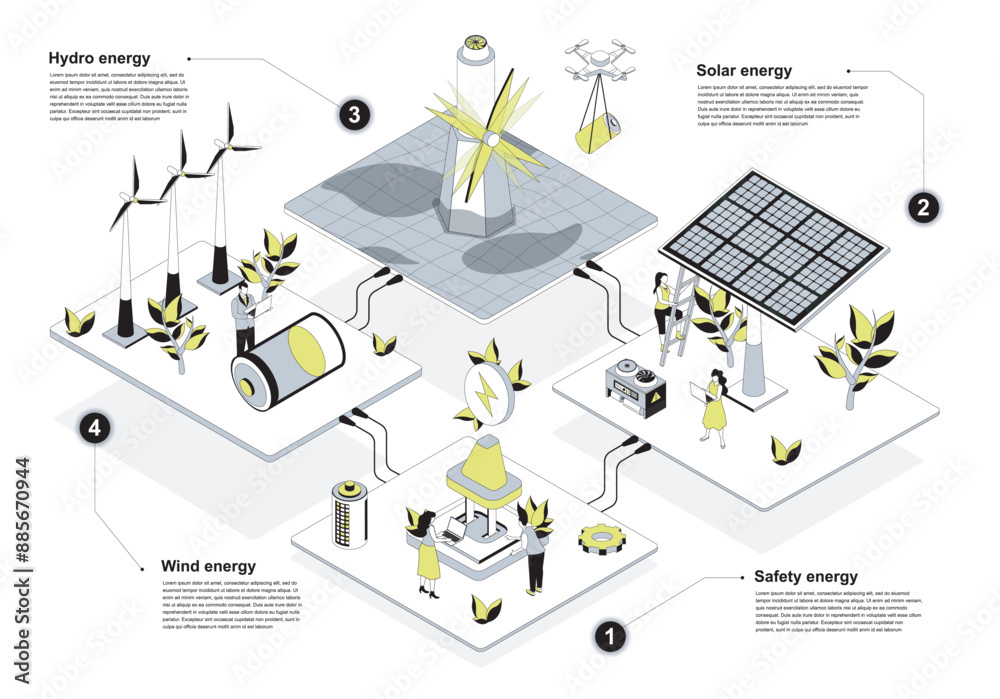 Poster Green energy 3d isometric concept in outline design for web. People works in isometry rooms at alternative sources generation with safety energy, solar panels, wind turbines. Vector illustration.