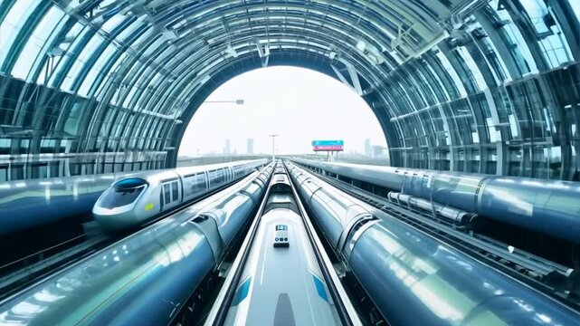 A top-down view of hyperloop pods traveling at high speed through a network of tunnels, showcasing the efficiency and coordination of the system.