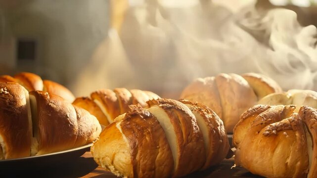 Fresh bakery on the table. Handmade bread with steam, just out of oven
