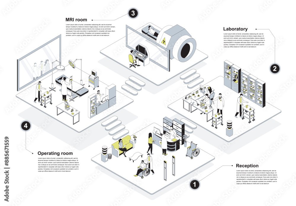 Poster hospital 3d isometric concept in outline design for web. people in isometry rooms waiting in clinic 