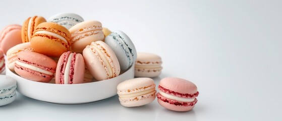 Plate of colorful macarons, realistic style, soft studio lighting, white background, positioned on the right, left side empty for text, mid-shot framing.