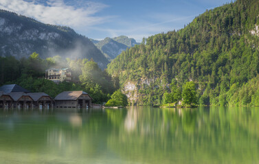 Fototapeta premium Passenger boat station, pier or dock on Konigsee lake in Berchtesgaden, Germany