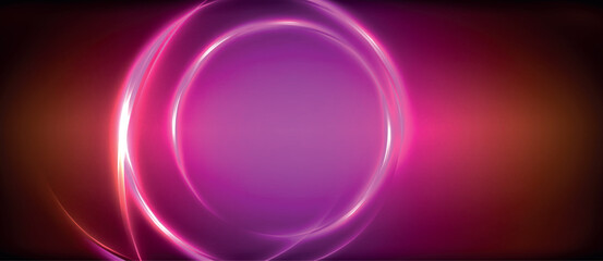 Neon glowing circle rays, light round lines in the dark, planet style neon wave lines. Energetic electric concept design for wallpaper, banner, background