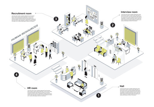 HR agency 3d isometric concept in outline design for web. People in isometry rooms waiting at reception hall, managers works at office, recruitment and job interview department. Vector illustration.