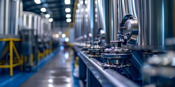 Steel tanks used in a modern food factory to mix milk products for dry production. Concept Food Processing, Stainless Steel Tanks, Milk Production, Dry Production, Modern Factory