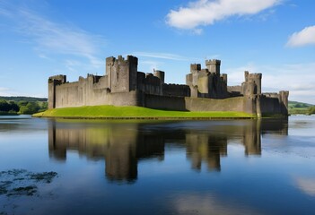 A view of Caerphilly Castle in South Wales in the UK