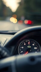 Obraz premium Empty Fuel Gauge on Car Dashboard with Blurred Traffic in Background - Concept of Low Fuel