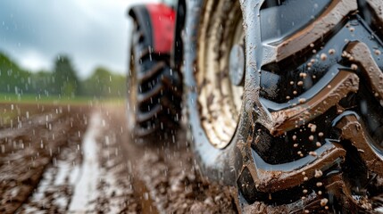 close-up of farm equipment wheels covered in mud during a rainy day, emphasizing rugged agricultural conditions