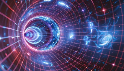 Obraz premium Wormholes and cosmic tunnels in the universe, futuristic journey through glowing galaxies and nebulae