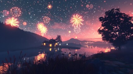 Vibrant Fireworks Lighting Up a Rural Town on a Serene Independence Night