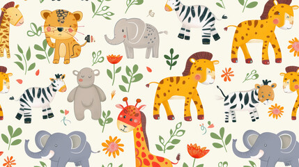 Obraz premium Adorable safari animals like elephants, tigers, and giraffes are on this fun pattern. Perfect for kids or babies.