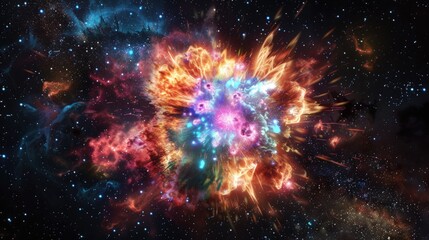 A stunning supernova explosion, with radiant colors and cosmic clouds spreading outwards, framed by a backdrop of countless stars.