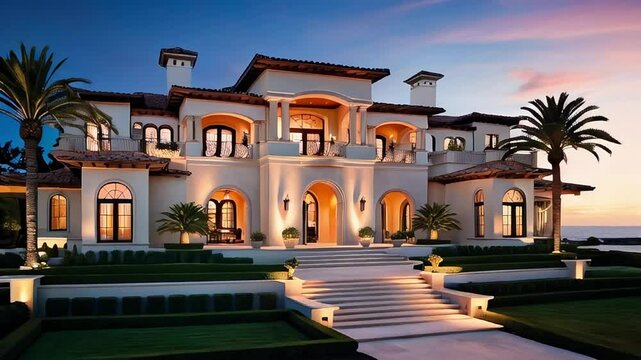Luxurious Mediterranean style mansion with stucco walls, terracotta roof, and lush gardens	
