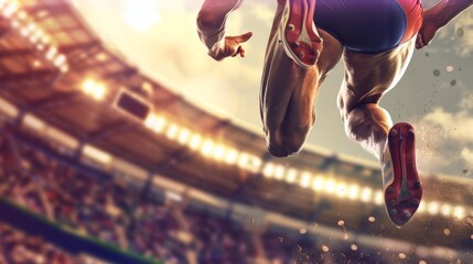 Dynamic Long Jumper Mid-Air at Athletic Event with Stadium Crowd in Soft Focus
