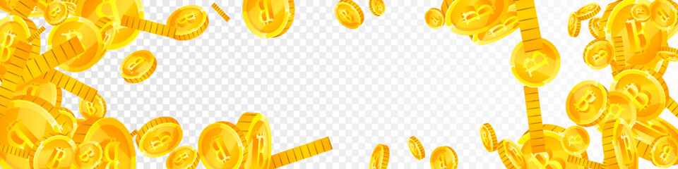 Bitcoin coins falling. Cryptocurrency scattered