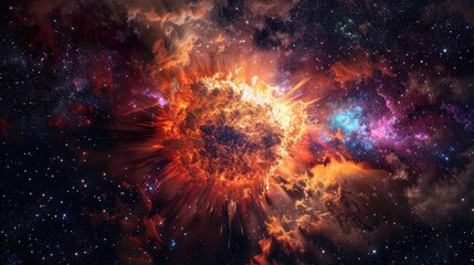 A stunning supernova explosion, with radiant colors and cosmic clouds spreading outwards, framed by a backdrop of countless stars.