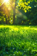 Naklejka premium A tranquil scene of lush green grass with sunlight filtering through the trees, evoking calm and serenity in nature.
