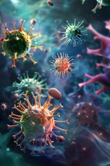 This vibrant image features variously colored microscopic viruses in fluidic motion, showcasing their intricate details.