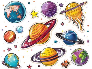 Vibrant Space Themed Sticker Design with Planets  Stars  and Celestial Elements on Captivating Cosmic Background
