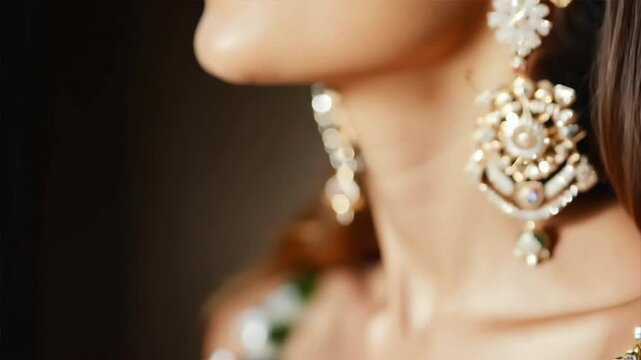 A woman wearing stunning jewelry, with side lighting casting gentle highlights and shadows on the pieces.