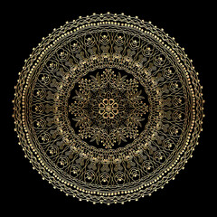 an intricate gold mandala design set against a black background, perfect for elegant and luxury golden vintage design projects. 