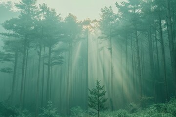 Obraz premium Beautiful Sun Rays in a Mystical Forest with Magic Light - Nature for Posters and Prints