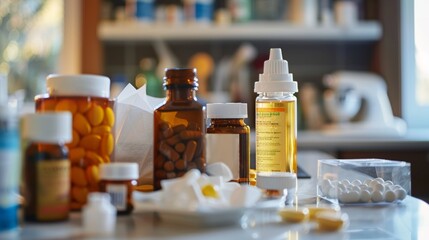 Cold and Flu Medication Arrangement on Kitchen Counter - Stock Photo for Healthcare Concepts