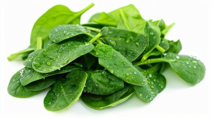 Fototapeta premium Fresh spinach leaves with dew drops. Closeup of vibrant green spinach leaves with water droplets, highlighting freshness and healthy eating.
