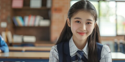 Asian teen girl back to school theme wearing blue white striped shirt sitting classroom desk. Cozy studious atmosphere brick wall window. School uniform fashion style education.