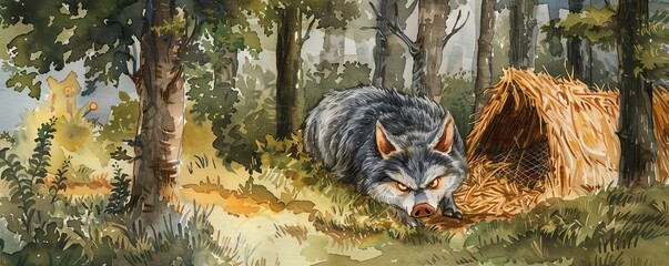A wolf lurks in the forest near a hay bale, with a menacing expression.