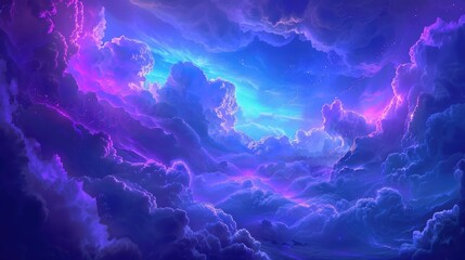 A surreal spectacle unfolds in the sky, where hues of purple and blue blend harmoniously with neon clouds, painting a picture of ethereal beauty and wonder in the abstract fantasy landscape.