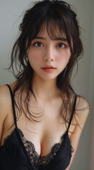 黒いレースのキャミソール姿の20代のかわいい女性