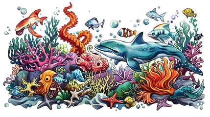 Vibrant Underwater Sea Life for Sticker Design or T shirt Graphics