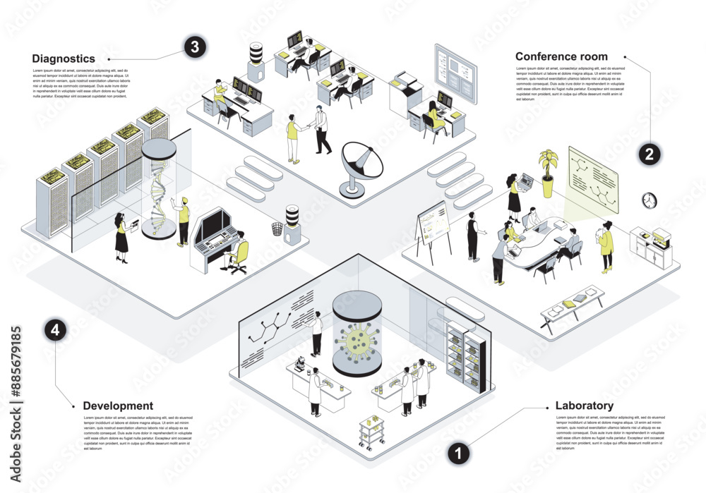 Poster science center 3d isometric concept in outline design for web. people working in isometry rooms, mak