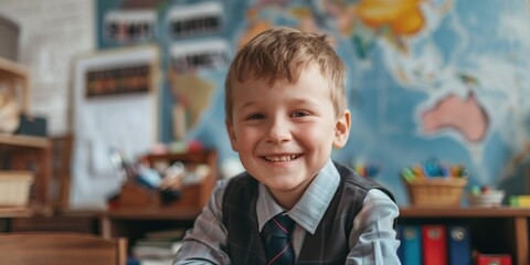 Seven year old boy wears classy school uniform, sits at desk in vibrant classroom. Map of world hangs behind. Desk cluttered with books, pencils indicate active learning. Boy smiles at camera.