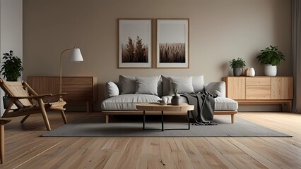 Struttura alta falsa nel fondo interno domestico, stanza beige con mobilia di legno naturale, stile scandinavo. La struttura alta falsa nel fondo interno domestico, la stanza beige con mobilia di legn