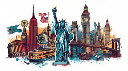 Vintage Travel Posters Depicting Iconic Landmarks and City Skylines