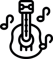 Line art icon of an acoustic guitar playing musical notes, representing music and sound