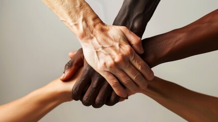 Diverse hands intertwine in a cooperative gesture symbolizing unity and teamwork in an indoor environment