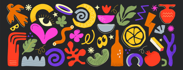 Collection of abstract organic freeform shapes. Set of geometric shapes, leaves or nature doodle objects. Hand drawn trendy simple forms, color summer matisse design elements. Freehand childish icons.