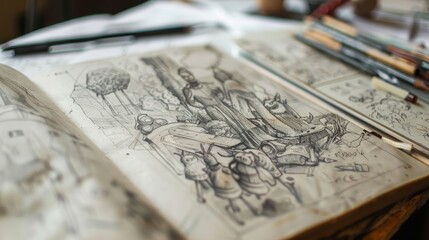 Sketchbook filled with detailed illustrations of intricate designs and creative concepts on a workspace
