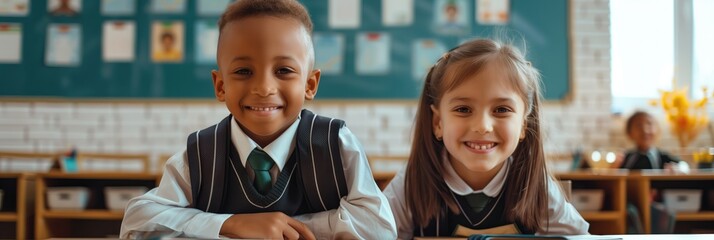 Back to school theme shows two diverse seven year old pupils, wearing classy school uniform, smiling at camera seated at desk with school supplies. Colorful posters and drawings on bulletin board.
