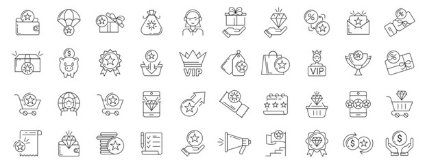 Loyalty program icons, exclusive benefits and gifts for vip members. Vector hand drawn signs of customer reward, loyal clients incentive, voucher, discount card or coupon. Bonus stars symbols in bag.