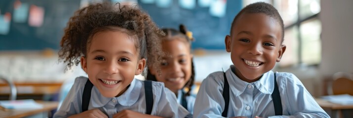 Three diverse children sit at desks in classroom. Wear casual school uniforms, smile at camera. Back to school scene with students of different ethnicities and ages.