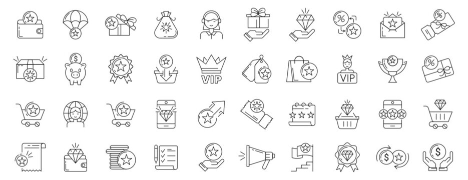Loyalty program icons, exclusive benefits and gifts for vip members. Vector hand drawn signs of customer reward, loyal clients incentive, voucher, discount card or coupon. Bonus stars symbols in bag.