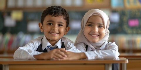 Back to school theme features two seven-year-old pupils from diverse ethnic backgrounds, Arabic boy, Asian girl, wearing classy school uniforms. Sit at desk in classroom, smiling directly at camera.