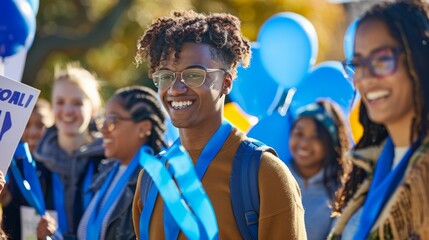 Diverse Group Promoting Diabetes Awareness with Blue Ribbons and Informational Posters in a Public Park